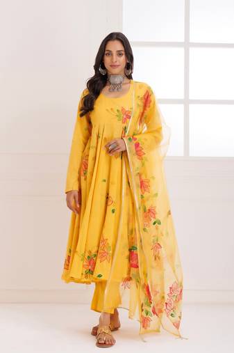 Rangreza mustard handpainted anarkali suit set - set of 3