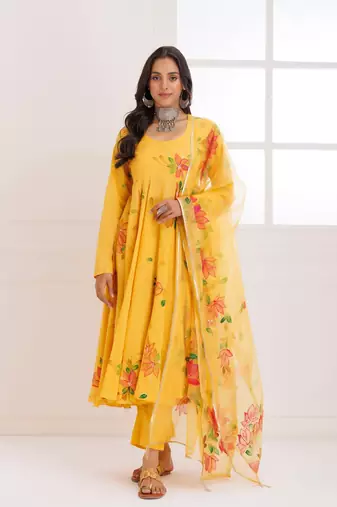 Rangreza mustard handpainted anarkali suit set - set of 3