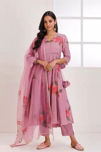 Rangreza rose pink handpainted anarkali suit set - set of 3