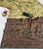 Pista banarasi silk blend woven saree with unstitched blouse piece