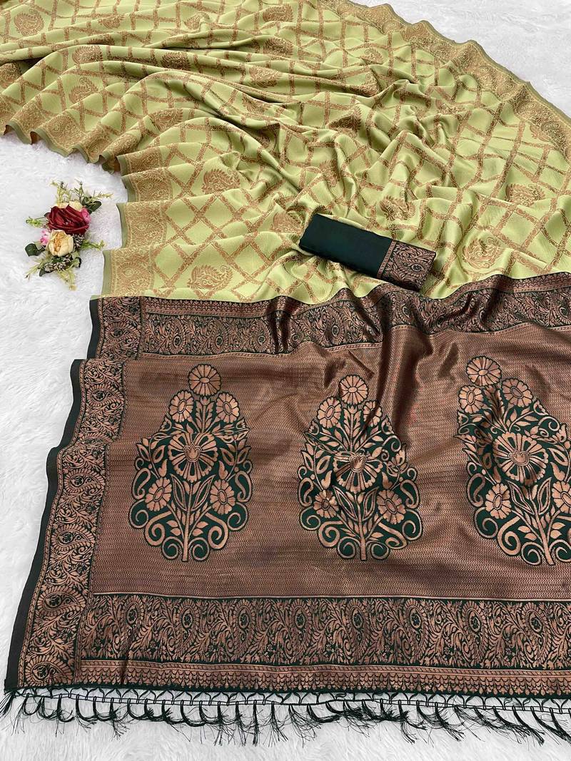 Pista banarasi silk blend woven saree with unstitched blouse piece