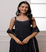 Qala black polka dot block printed anarkali suit set