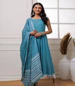 Qala turquoise polka dot block printed anarkali suit set