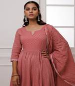 Qala coral polka dot block printed anarkali suit set