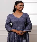 Qala grey polka dot block printed anarkali suit set