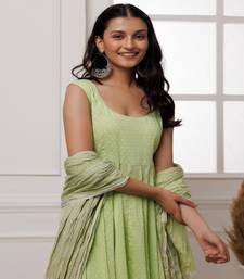 Qala pista green polka dot block printed anarkali suit set