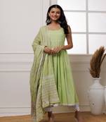 Qala pista green polka dot block printed anarkali suit set