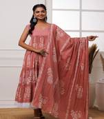 Qala coral hand block printed anarkali suit set