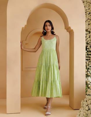 Qala pista green hand block printed tier dress 1