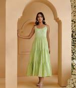 Qala pista green hand block printed tier dress