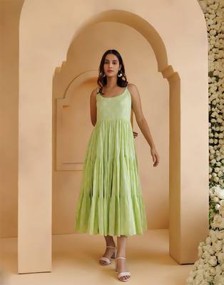 Qala pista green hand block printed tier dress 2
