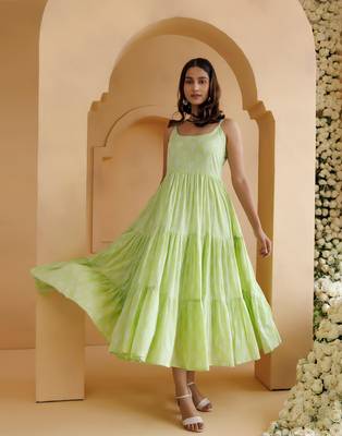 Qala pista green hand block printed tier dress 3