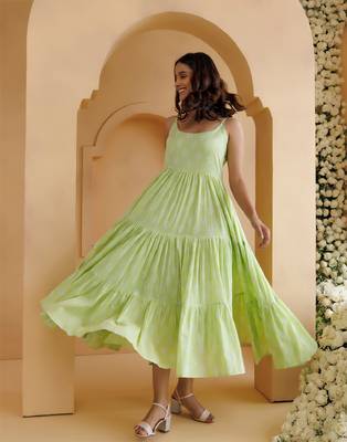 Qala pista green hand block printed tier dress 4