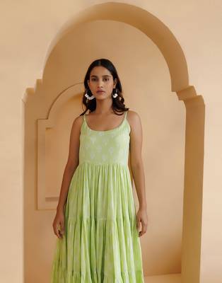 Qala pista green hand block printed tier dress 5