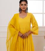 Mustard schiffli anarkali suit set