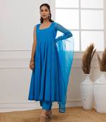 Turquoise schiffli anarkali suit set
