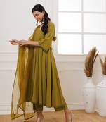 Green schiffli anarkali suit set