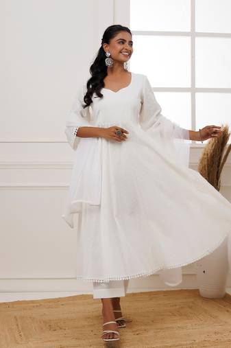 Ivory schiffli anarkali suit set