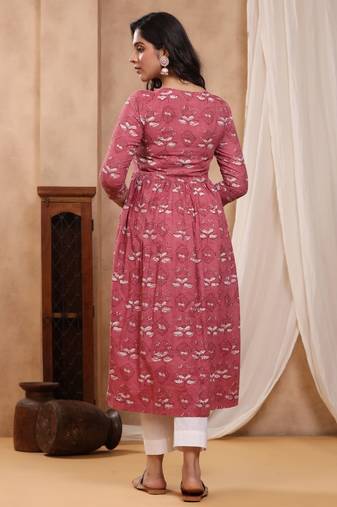 Pink dabu hand block printed cotton gathered kurti