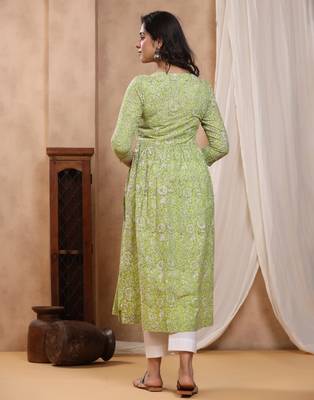 Green dabu hand block printed cotton gathered kurti 2