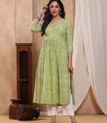 Green dabu hand block printed cotton gathered kurti