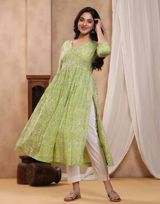 Green dabu hand block printed cotton gathered kurti 5