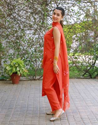orange hand embroidered silk kurta pant with hand painted dupatta 2