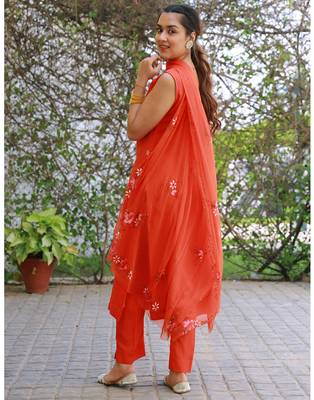 orange hand embroidered silk kurta pant with hand painted dupatta 5