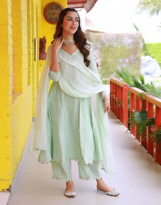 Sitara sea green lurex a-line suit set ( set of 3 ) 2