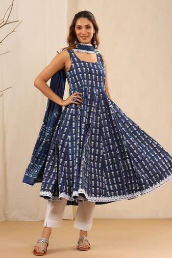 Chickie dabu print cotton anarkali suit set ( set of 3 )