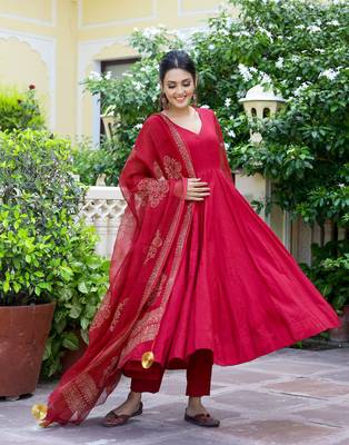 Cherry red gold handblock anarkali set (set of 3) 1