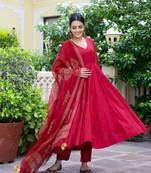 Cherry red gold handblock anarkali set (set of 3)