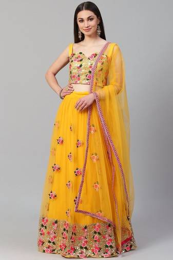 Yellow & Pink Embroidered Semi-Stitched Lehenga & Unstitched Blouse With Dupatta