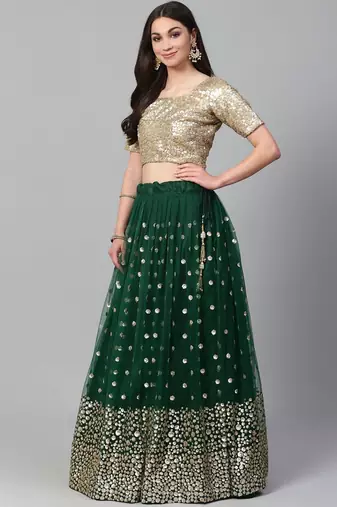 Green & Golden Semi-Stitched Festive Lehenga & Unstitched Blouse With Dupatta