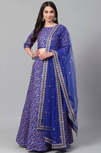 Blue & Golden Semi-Stitched Party Wer Lehenga & Unstitched Blouse With Dupatta