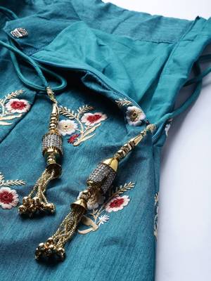 turquoise blue & peach coloured embroidered semi stitched lehenga & blouse with dupatta 4