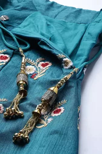 turquoise blue & peach coloured embroidered semi stitched lehenga & blouse with dupatta