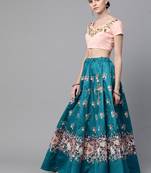 Turquoise Blue & Peach-Coloured Embroidered Semi-Stitched Lehenga & Unstitched Blouse With Dupatta