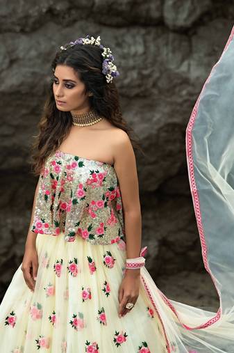 Off White Silk Threadwork and Sequin Embroidered Lehenga