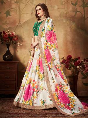cream floral digital printed organza bridal lehenga set choli with dupatta 2