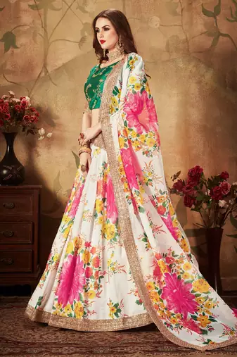 cream floral digital printed organza bridal lehenga set choli with dupatta
