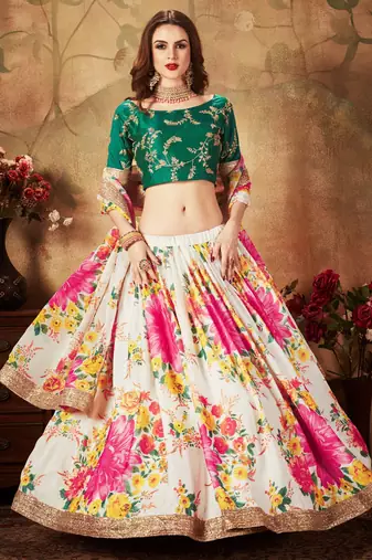 cream floral digital printed organza bridal lehenga set choli with dupatta
