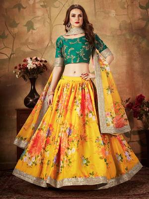 yellow green floral digital printed organza bridal lehenga set choli with dupatta 1