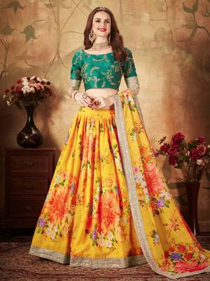 yellow green floral digital printed organza bridal lehenga set choli with dupatta 2