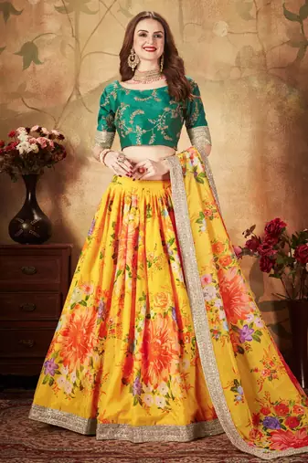 yellow green floral digital printed organza bridal lehenga set choli with dupatta
