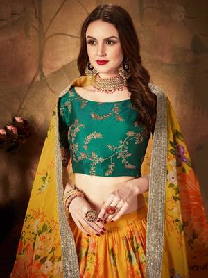 yellow green floral digital printed organza bridal lehenga set choli with dupatta 3