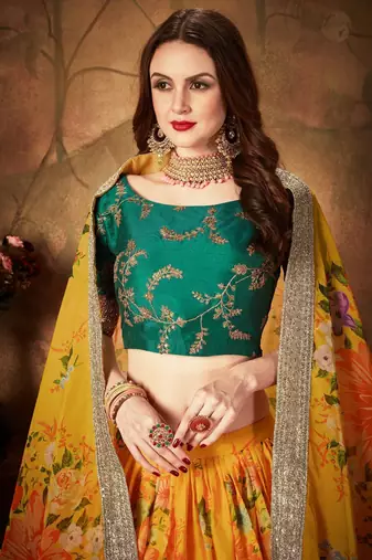 yellow green floral digital printed organza bridal lehenga set choli with dupatta