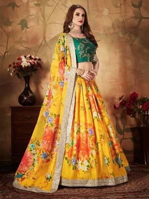 yellow green floral digital printed organza bridal lehenga set choli with dupatta 4