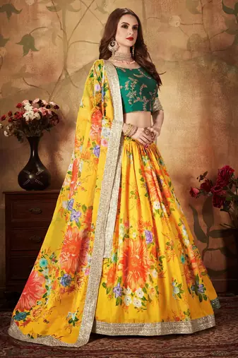 yellow green floral digital printed organza bridal lehenga set choli with dupatta