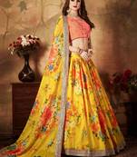 Yellow-Peach Floral Digital Printed Organza Bridal Lehenga Choli